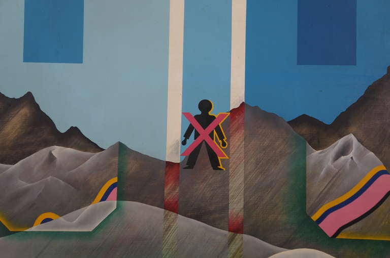 Wonderful modern art painting showing some mountains and 3 arrows above. The message of the painting is very interesting because you can also see a canceled black person in the Mountains. Unfortunately the frame is a little bit chipped.