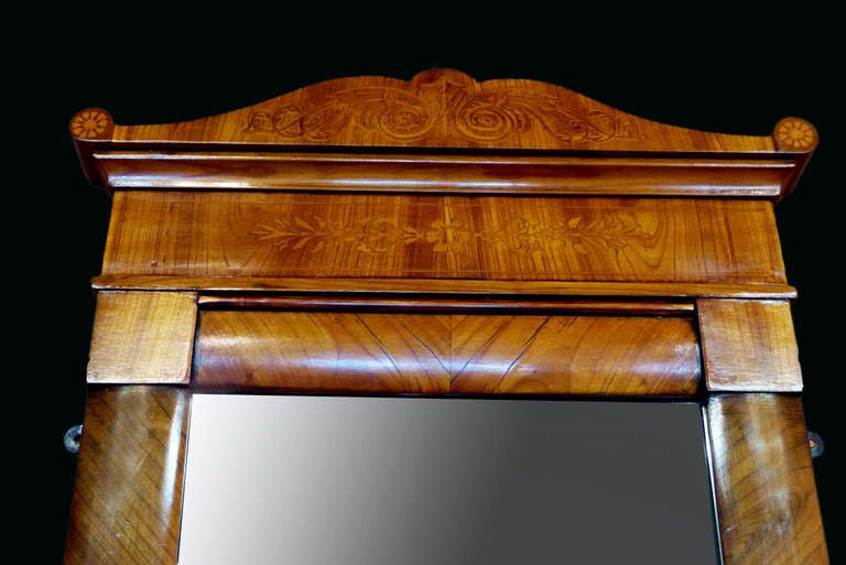 Early 19th Century Danish Biedermeier Tall Mirror Profusely Inlaid Walnut