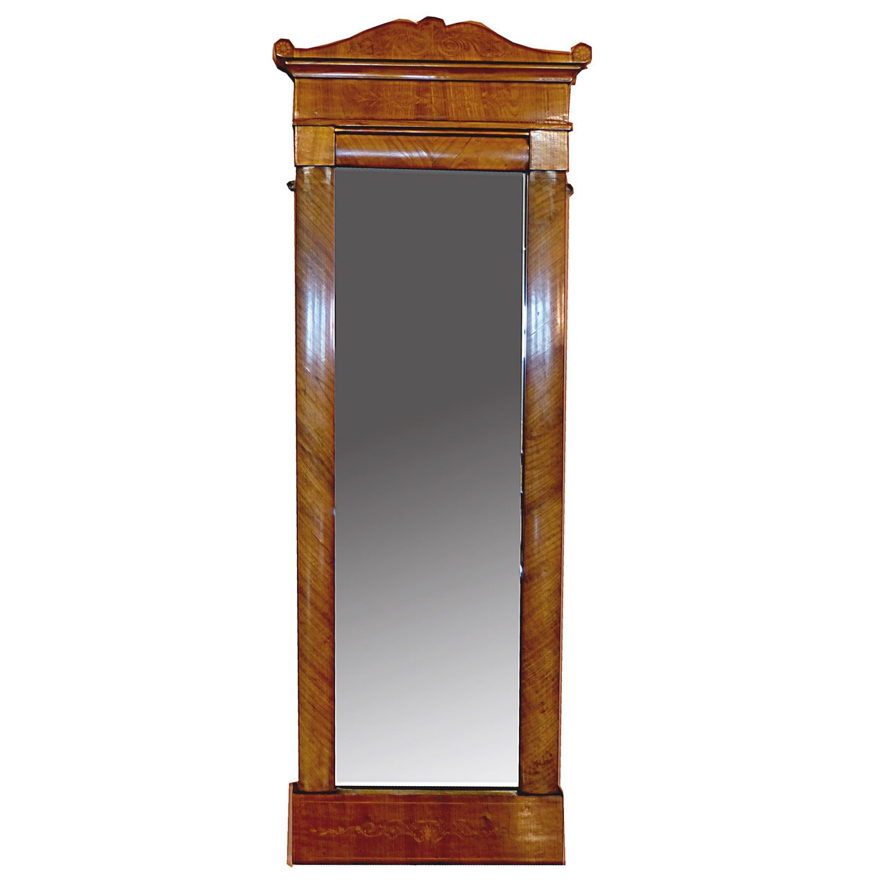 Early 19th Century Danish Biedermeier Tall Mirror Profusely Inlaid Walnut For Sale