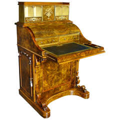 Antique Large Piano Top Davenport Bureau Desk with Pop Up Tower in Burr Walnut