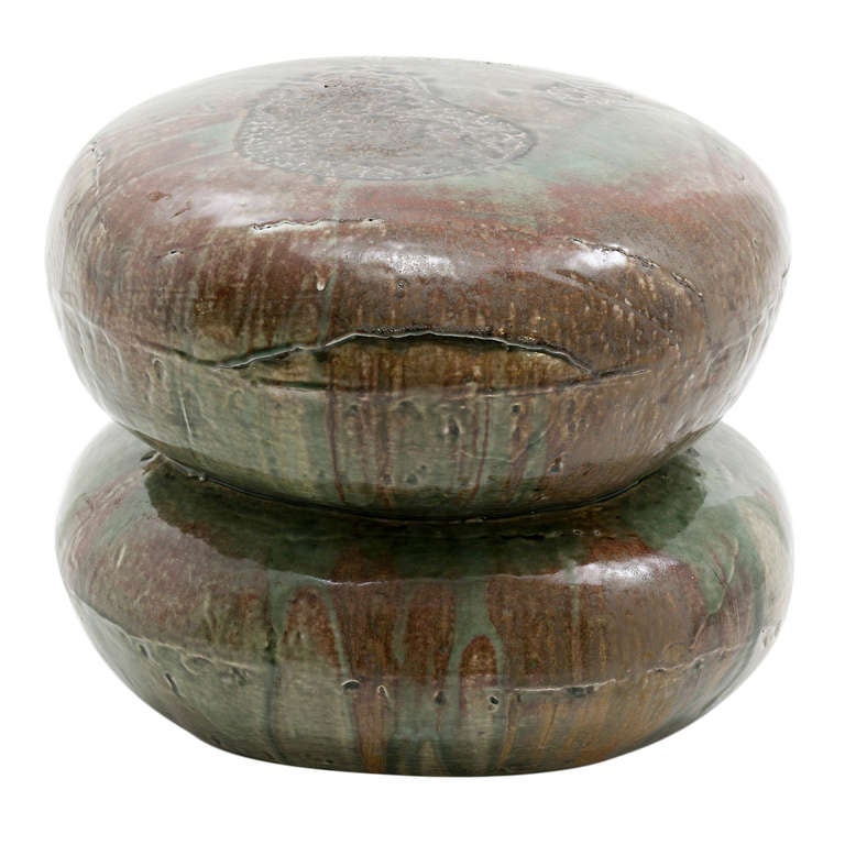 Double Macaroon Stool in Brown and Green Glaze For Sale