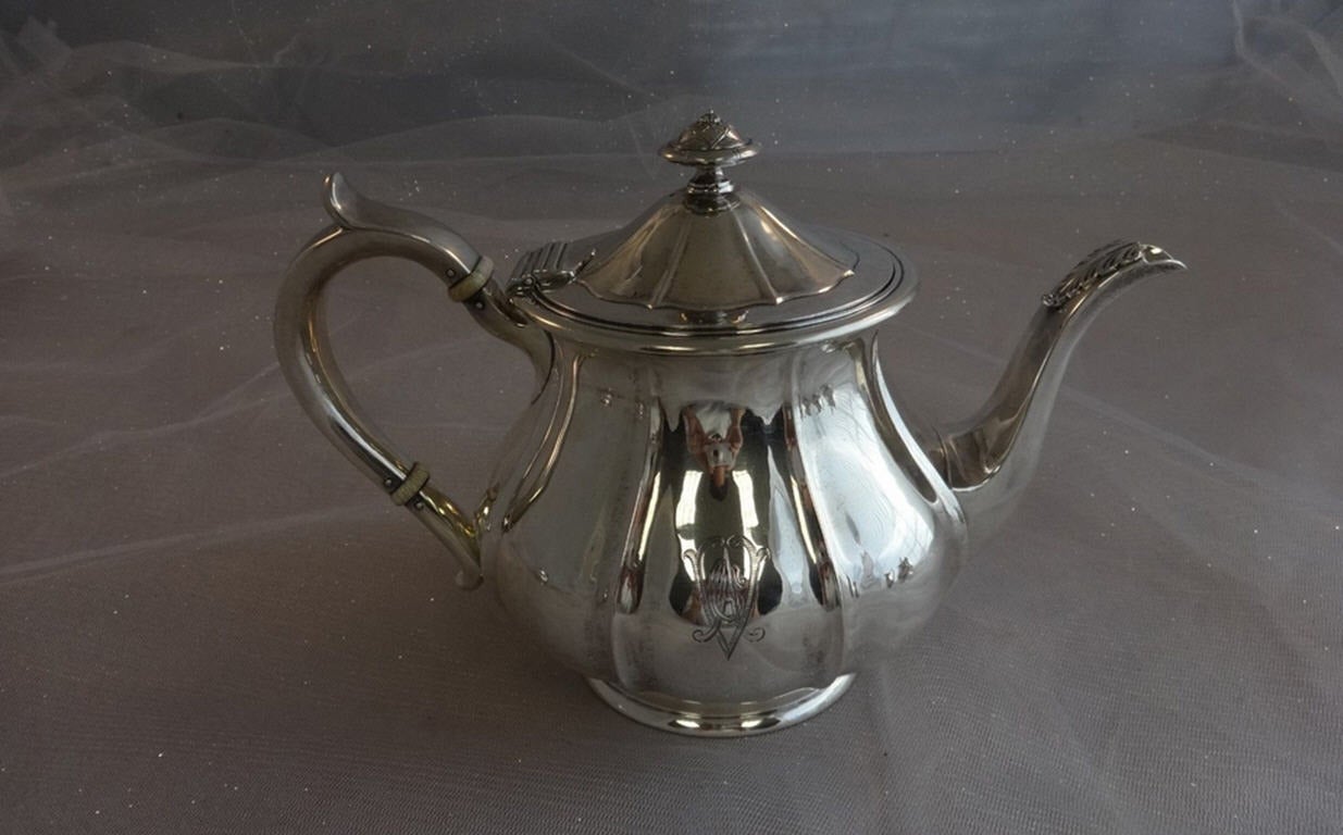 American Arthur Stone Sterling Silver Tea Set Tilting Kettle on Cradle w Tray Hollowware For Sale