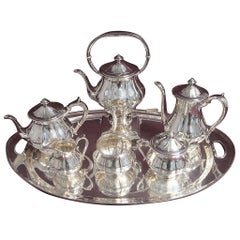 Antique Arthur Stone Sterling Silver Tea Set Tilting Kettle on Cradle w Tray Hollowware