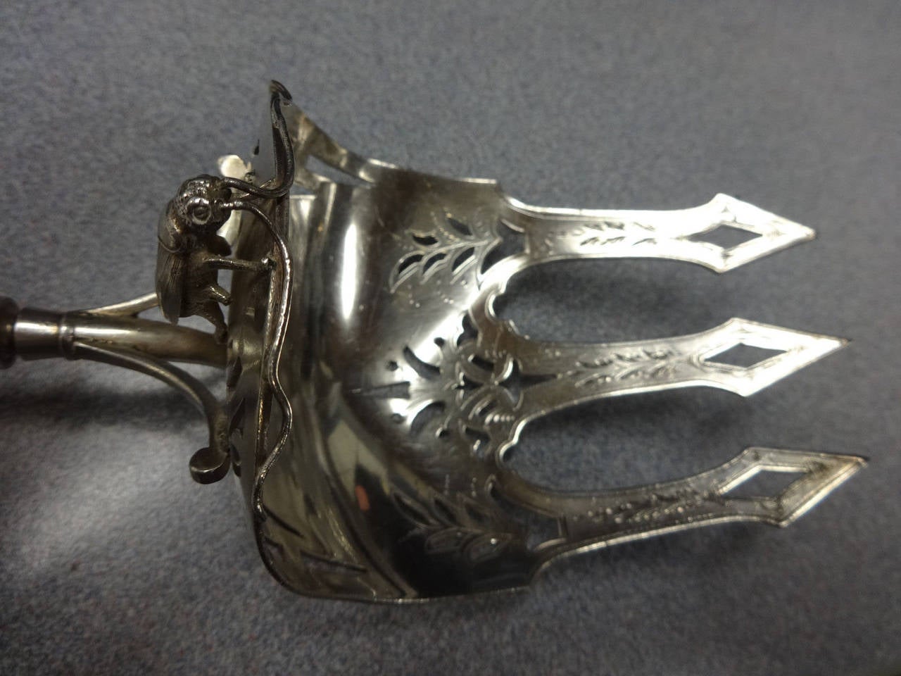 Gothic Dome by George Sharp Sterling Silver Hooded Asparagus Fork with Beetle In Good Condition In Big Bend, WI