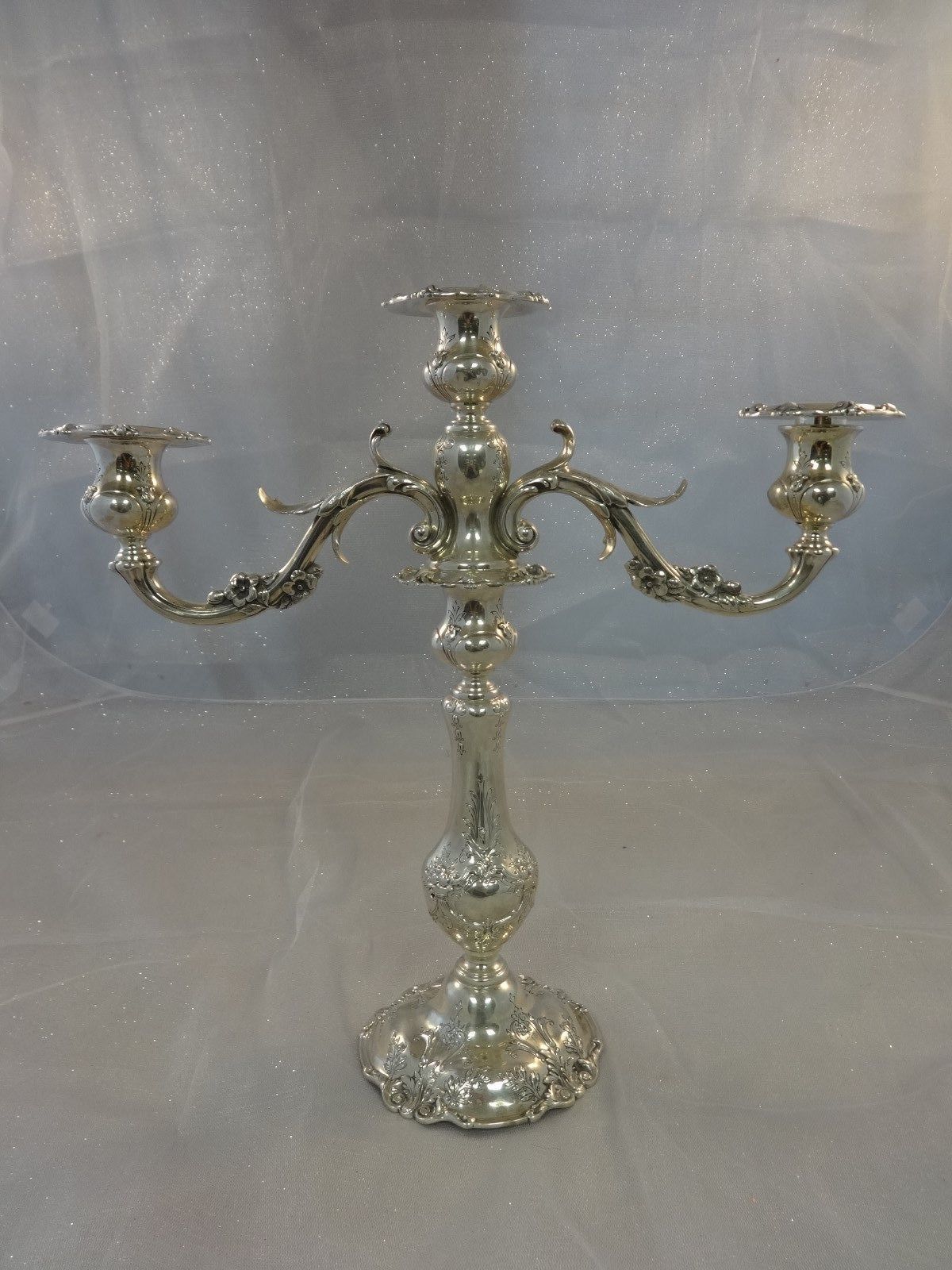 Francis I by R&B pair of 3-light CANDELABRA #570A. Crisp detailing. These have the special cornucopia design and 3-D flowers on the beautiful branch-like arms. They weigh 50.9 ozt each, the bases are weighted.  They bear the 1956 date mark (HEART).