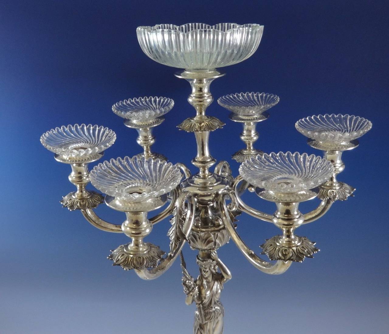 Classical Roman Magnificent Austrian Pair of Seven-Light Sterling Silver Candelabra, Hollowware For Sale