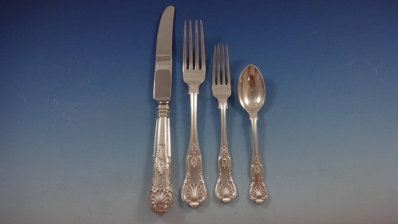 Fabulous monumental Kings Austrian/Hungarian sterling silver flatware set of 155 pieces with classic shell motif. Some items have additional English hallmarks, as well. This set includes:

12 dinner knives, 10 1/8