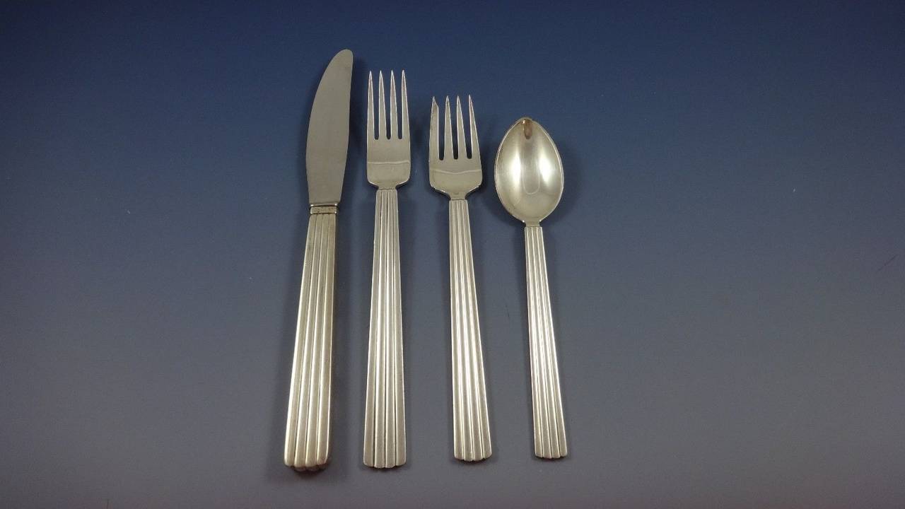 BERNADOTTE BY GEORG JENSEN Sterling Silver Flatware Set for 12 Service 76 Pieces In Excellent Condition In Big Bend, WI