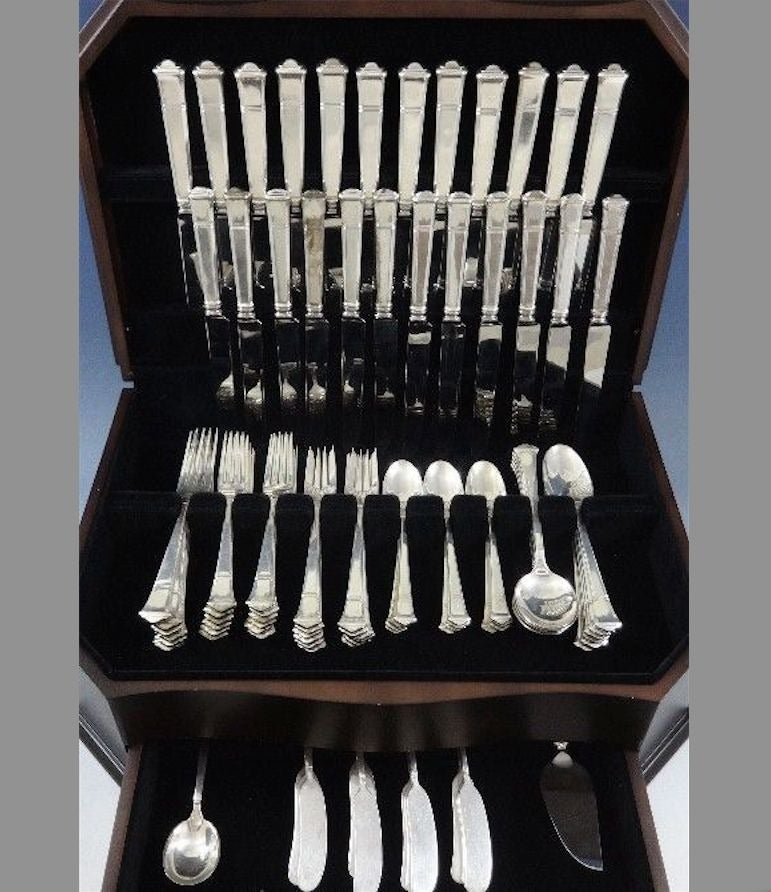 Designed with an eye for balance and proportion, each piece of Tiffany & Co. flatware is a masterpiece of form and function.

WINDHAM BY TIFFANY & CO. sterling silver Flatware set - 110 Pieces. This set includes:

12 DINNER SIZE KNIVES, 10