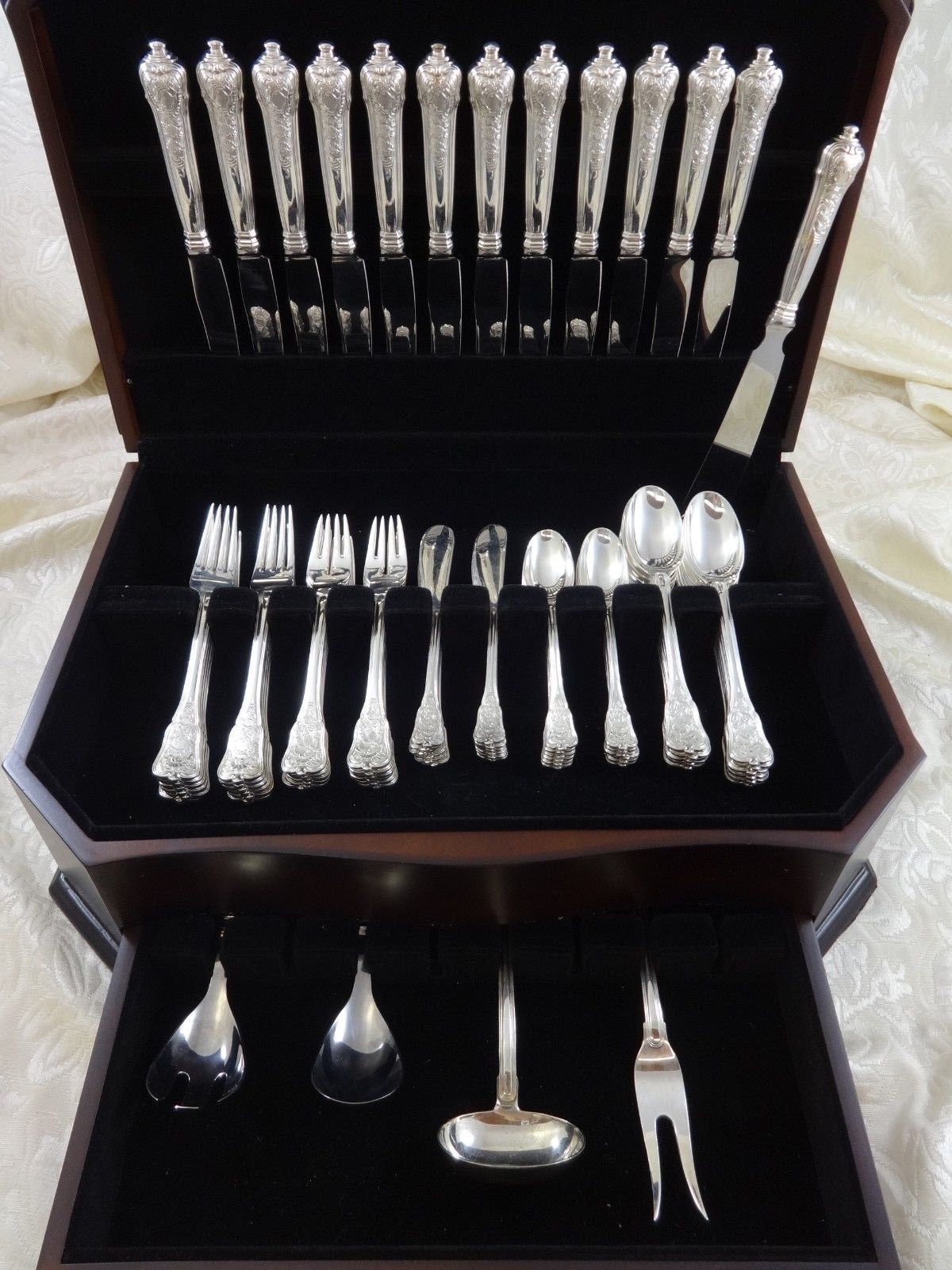 RARE Rosenborg by A. Michelsen Sterling Silver Flatware Set Service Dinner Size, 77 pieces. This beautiful set includes: 12 Dinner Knives, 9 1/4