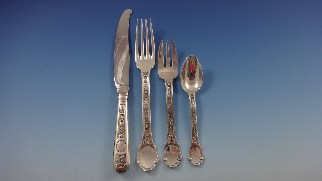 Superb Versailles by Tetard Freres French sterling silver flatware set, 74 pieces. This scarce pattern was first introduced in the mid-1800s. This set is circa 1950s. This set includes:

•11 dinner knives, 9