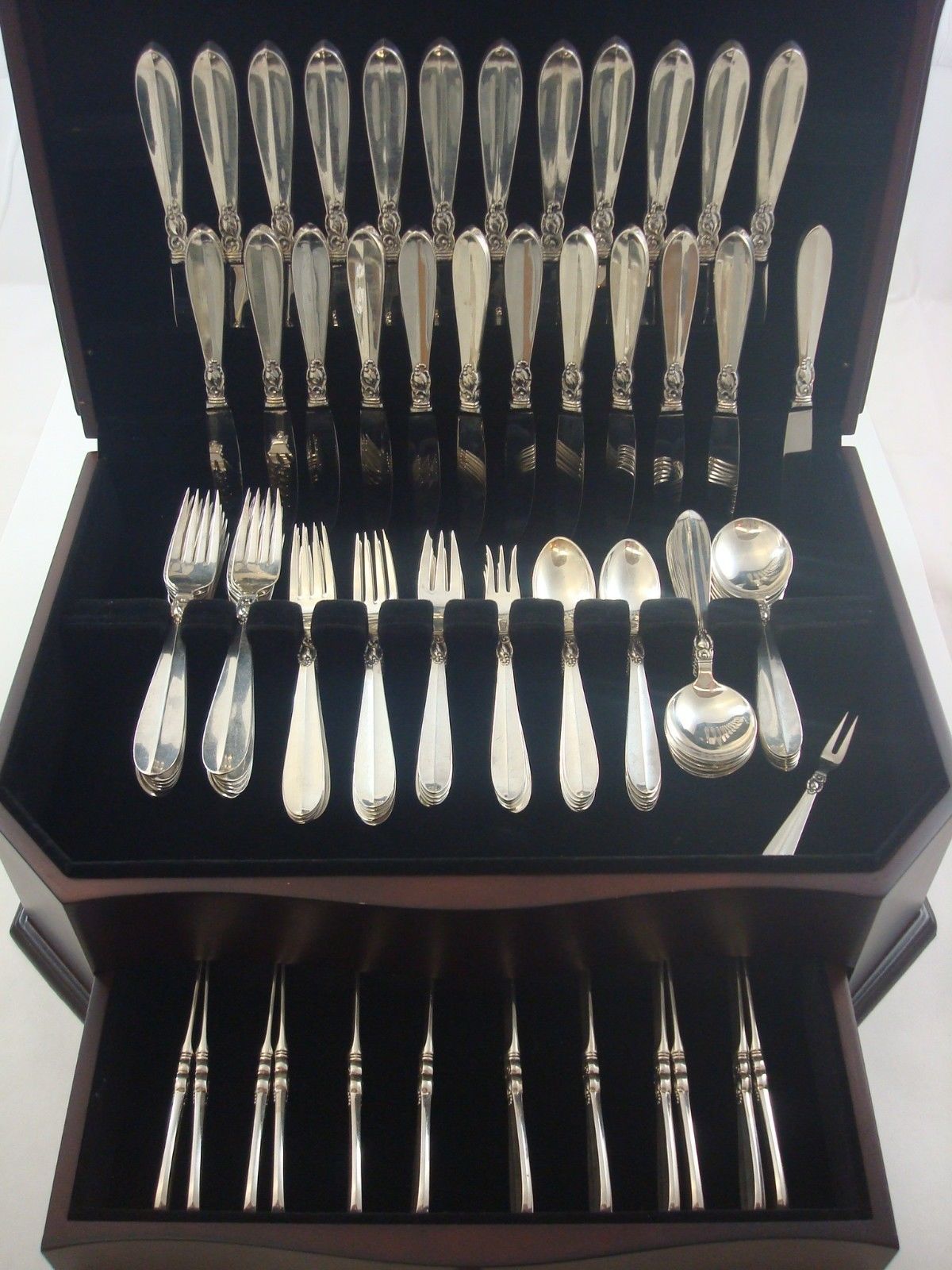 Beautiful Princess Fuchsia by Frigast Danish sterling silver flatware set with blossom design 109 pieces. This set includes:

12 dinner size knives, 9 3/4