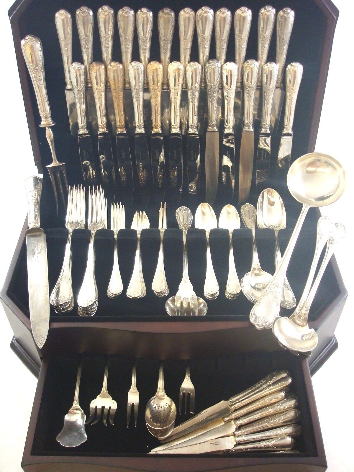 Marly by Christofle silver plate flatware set-massive 166 pieces. This set includes:

12 hollow handle with stainless blades dinner knives, 10