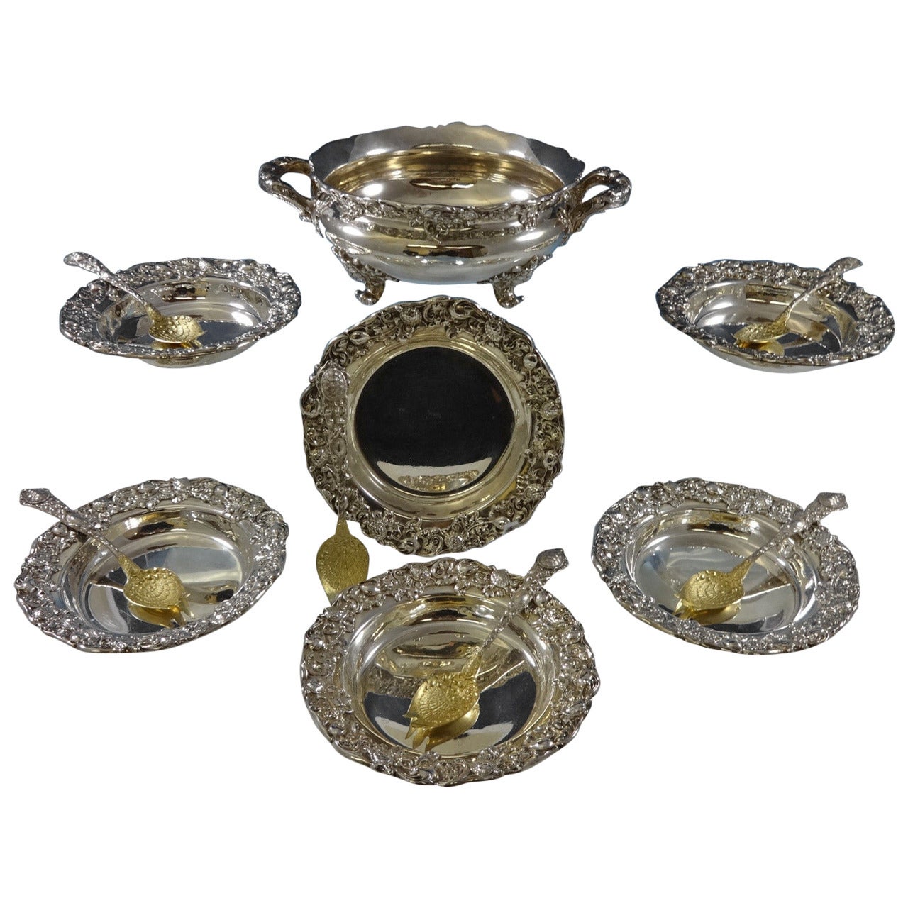 Gorham Sterling Silver Set of Six Terrapin Forks Tureen and Bowls Turtles