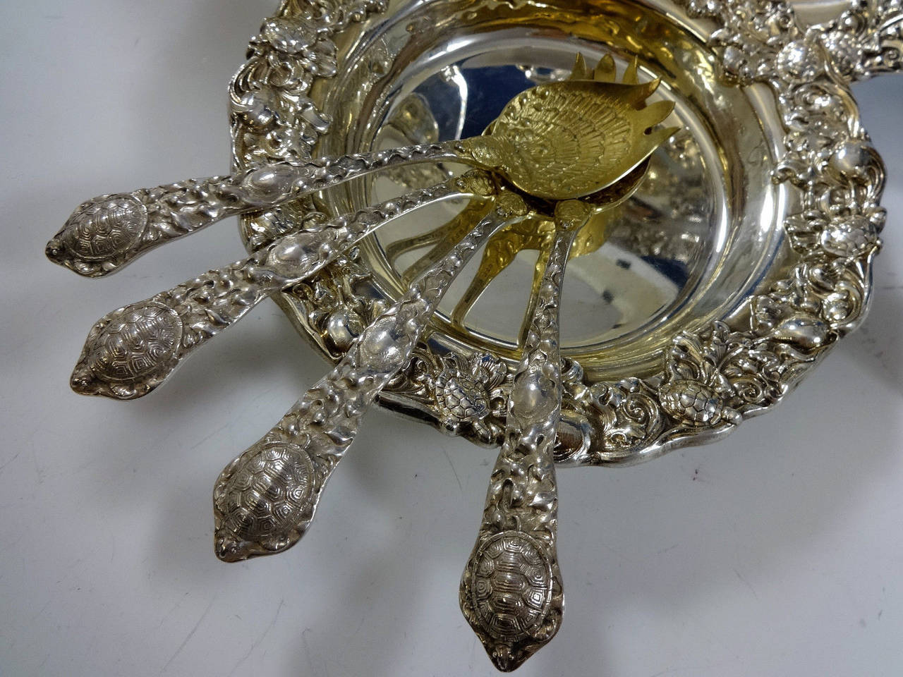 Gorham Sterling Silver Set of Six Terrapin Forks Tureen and Bowls Turtles In Excellent Condition In Big Bend, WI