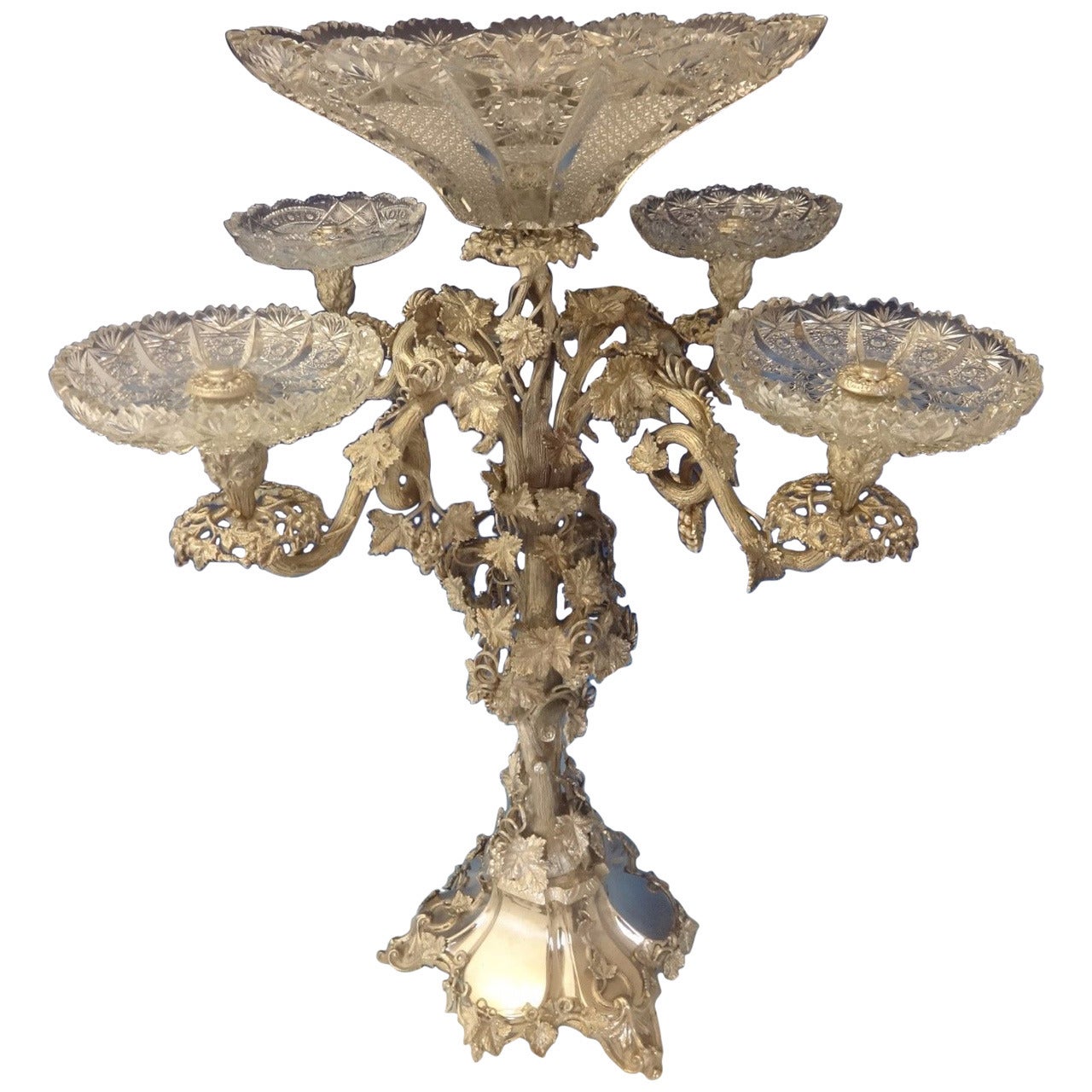 Ornate Silver Plate Epergne w Cut Glass Bowls & Grape Vines Victorian Hollowware