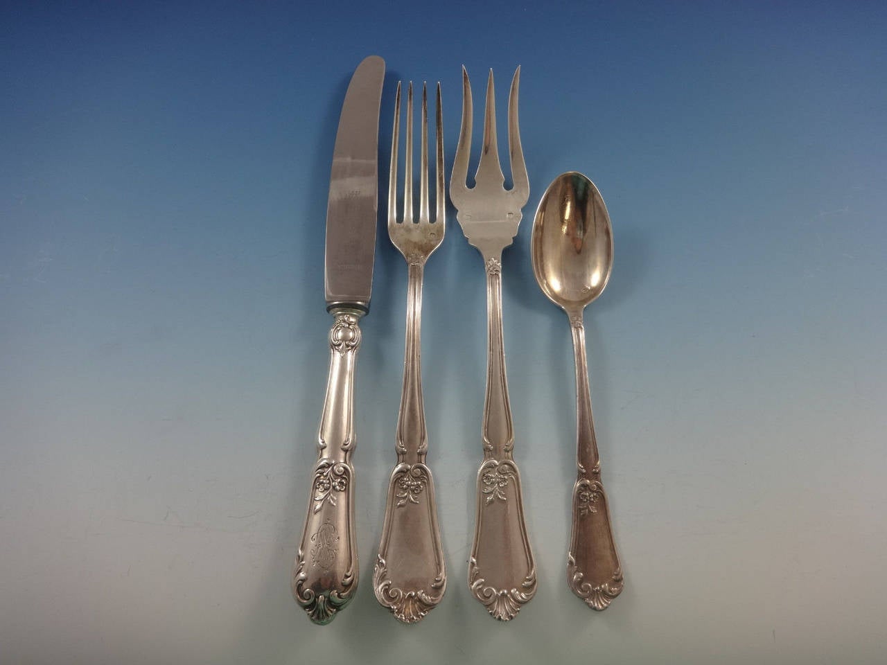French Henin & Cie 950 Sterling Silver Flatware Set 12 Service France 165 Pieces In Excellent Condition For Sale In Big Bend, WI
