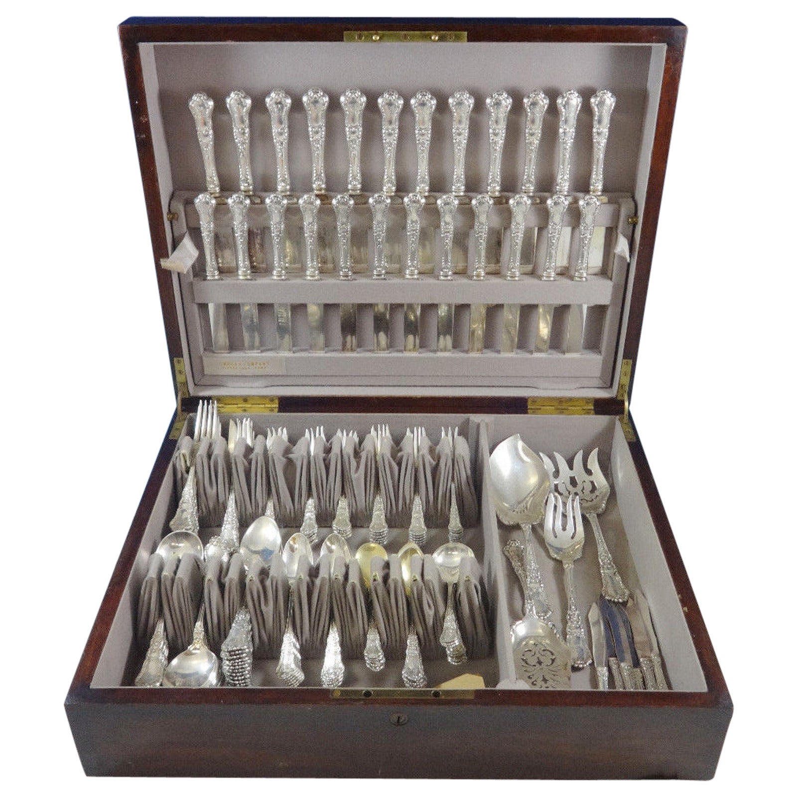 Monumental Baronial Old by Gorham circa 1897 sterling silver flatware set, 144 pieces with superb lion motif. This set includes:

12 dinner knives, 9 3/4