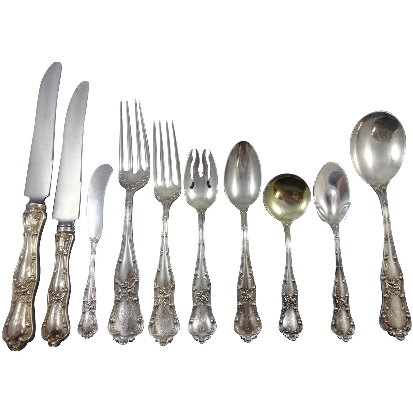 Gothic by Shiebler Sterling Silver Dinner Flatware Set Service, 123 Pieces