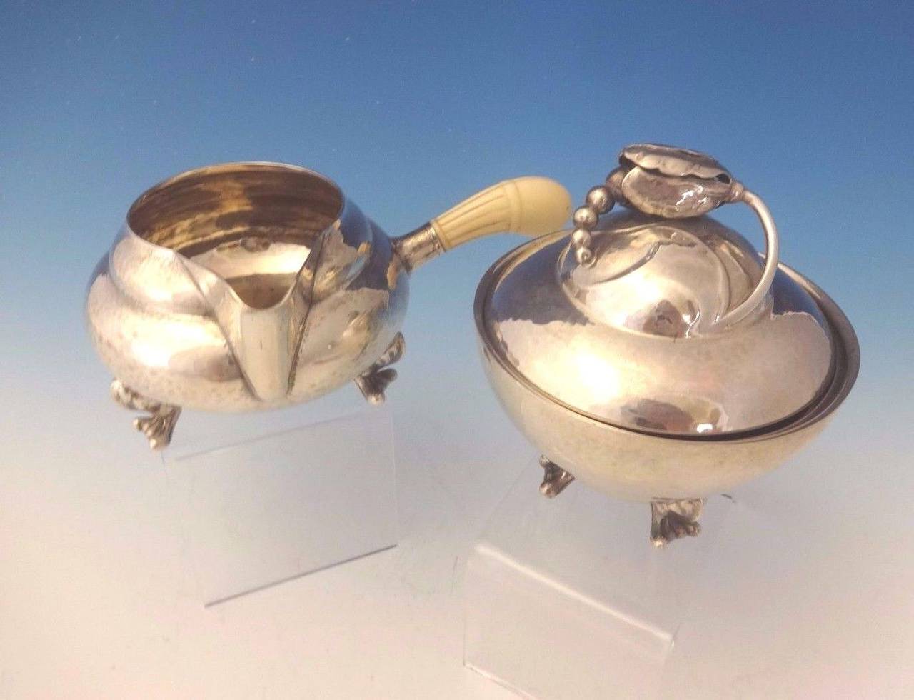 Danish Blossom Georg Jensen Sterling Silver Sugar & Cream w/ Tray 3-Pc Set Hollowware