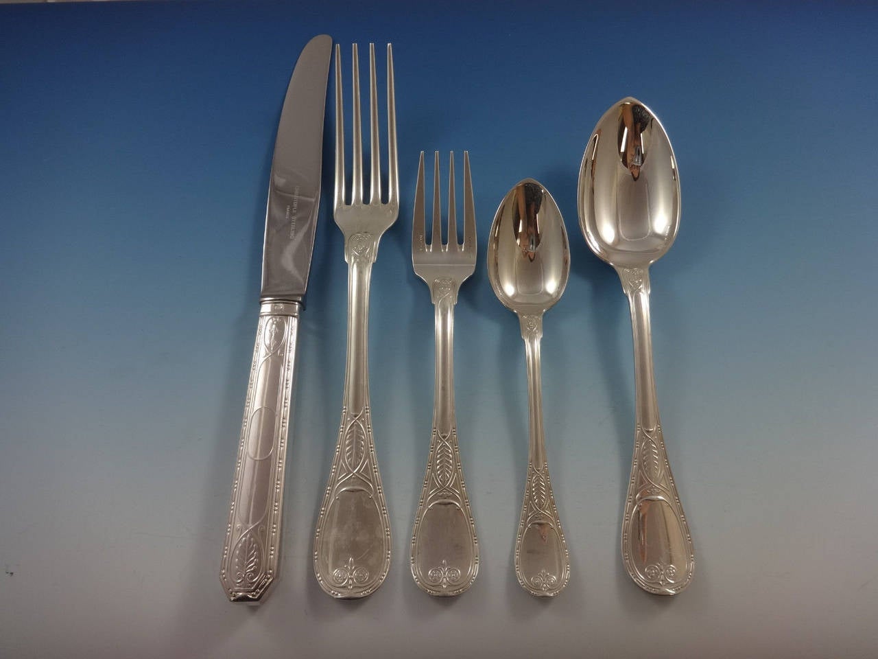 Christofle sterling set.

Christofle French silver flatware has been crafted by master artisans since 1830.

The revolutionary style and character of Christofle dinnerware comes from collaborations with groundbreaking architects, designers and