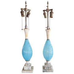 Retro Pair of Seguso Aqua Blue Murano Glass and Italian Marble Lamps