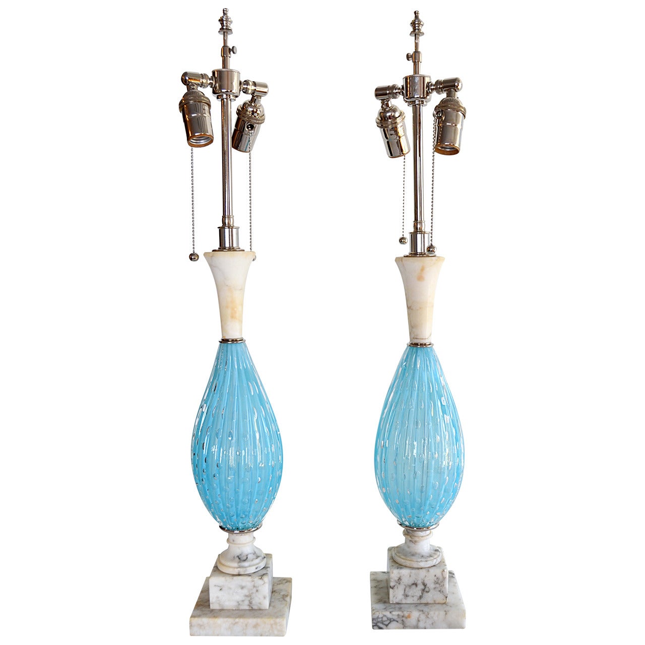 Pair of Seguso Aqua Blue Murano Glass and Italian Marble Lamps For Sale