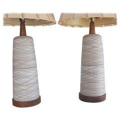 Large Pair of Two-Part Stoneware Sgraffito Table Lamps by Jane and Gordon Martz