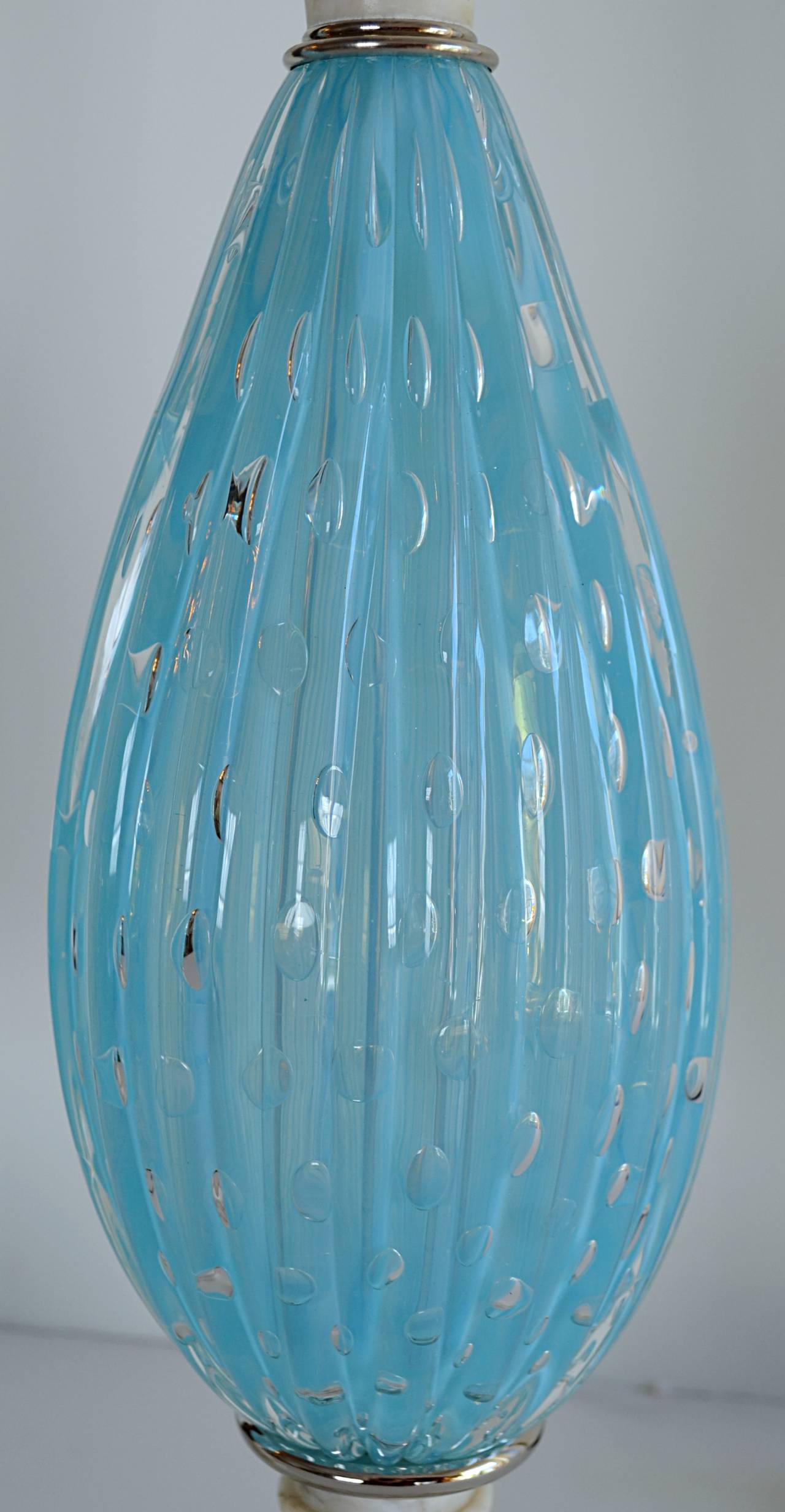 Mid-Century Modern Pair of Seguso Aqua Blue Murano Glass and Italian Marble Lamps For Sale