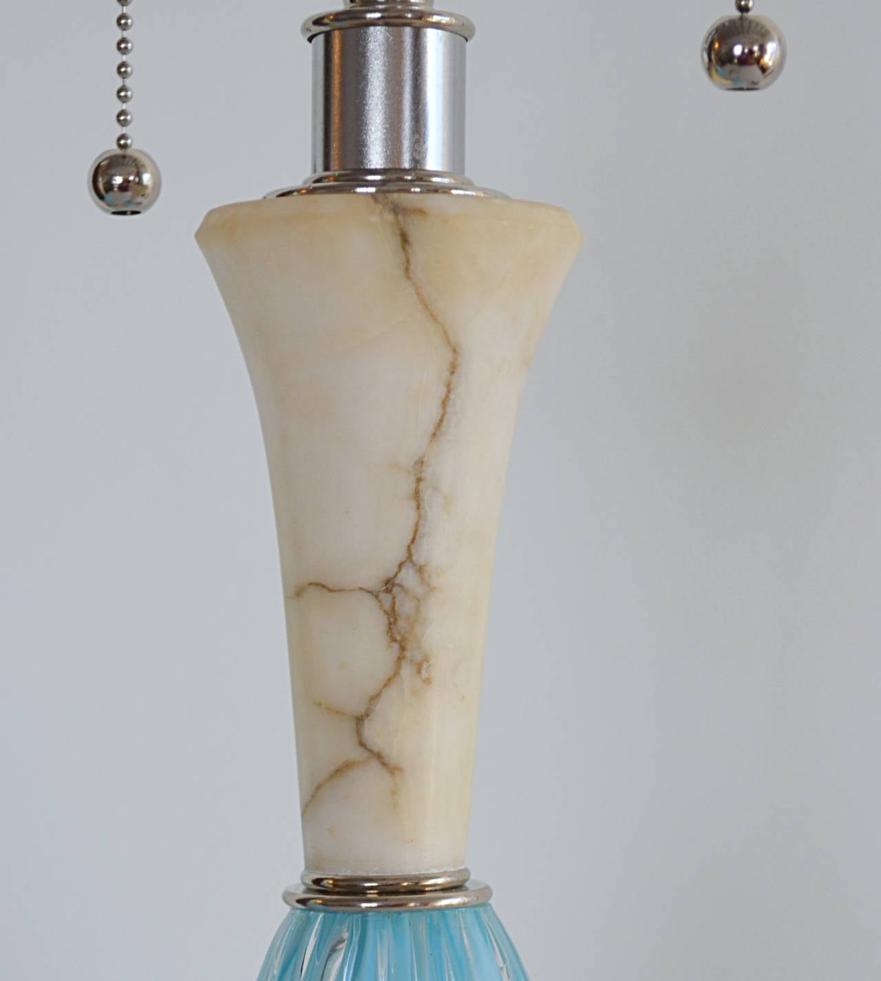 Pair of Seguso Aqua Blue Murano Glass and Italian Marble Lamps For Sale 1