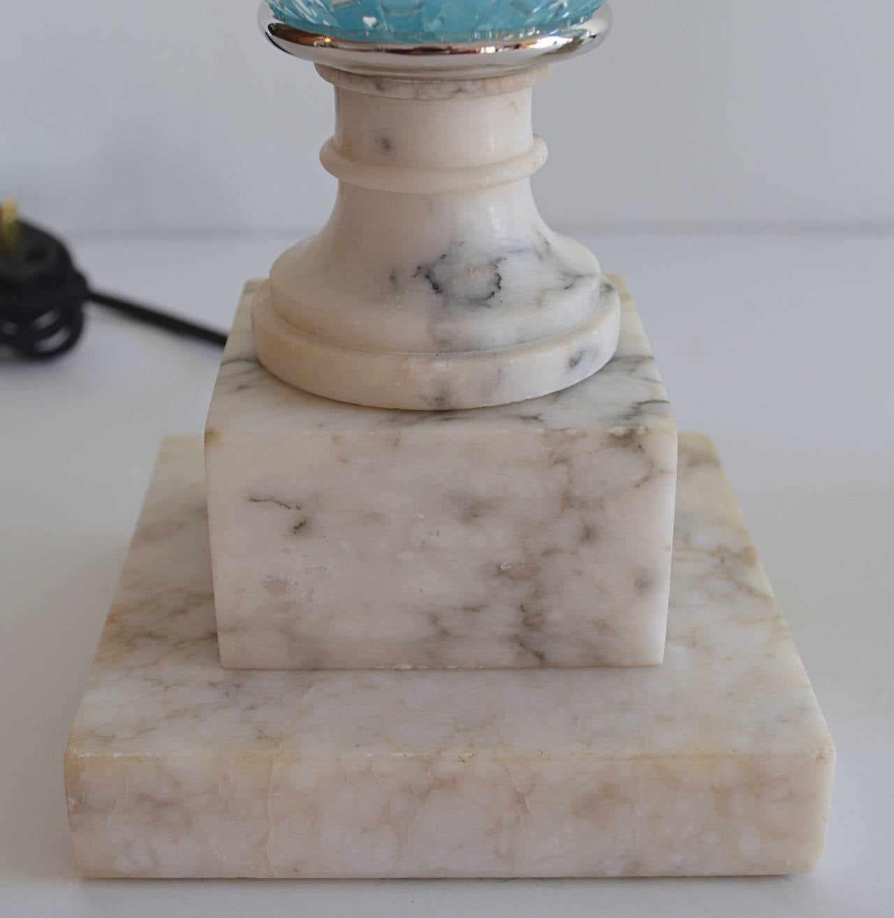 Pair of Seguso Aqua Blue Murano Glass and Italian Marble Lamps For Sale 3