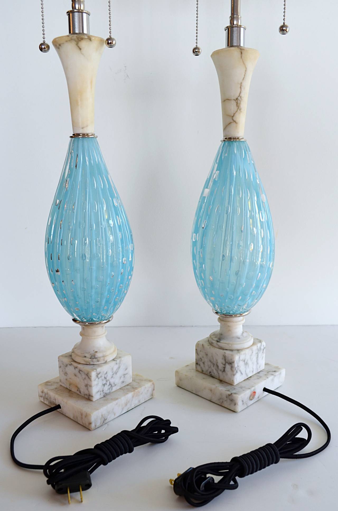 20th Century Pair of Seguso Aqua Blue Murano Glass and Italian Marble Lamps For Sale