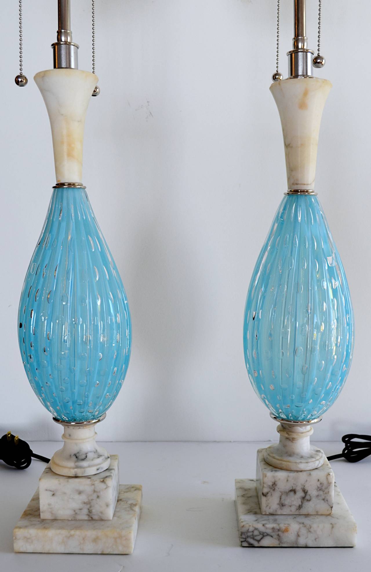 Pair of Seguso Aqua Blue Murano Glass and Italian Marble Lamps For Sale 4