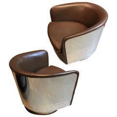 Pair of Milo Baughman Chrome and Vinyl Swivel Chairs