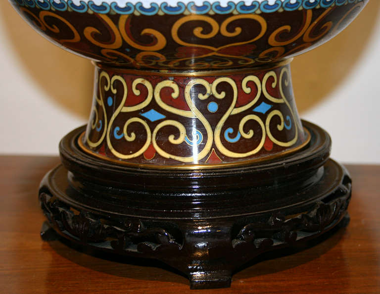 20th Century Pair Chinese Cloisonne Urns on Stand