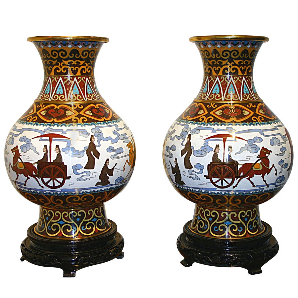 Pair Chinese Cloisonne Urns on Stand