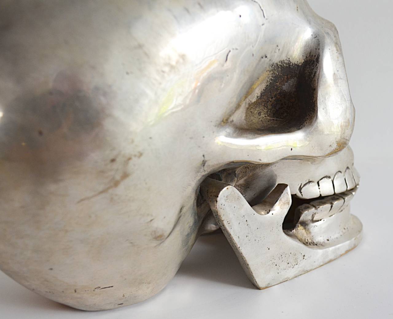 Mid-Century Modern Nickel over Brass Skull Sculpture with Hinged Mandible For Sale