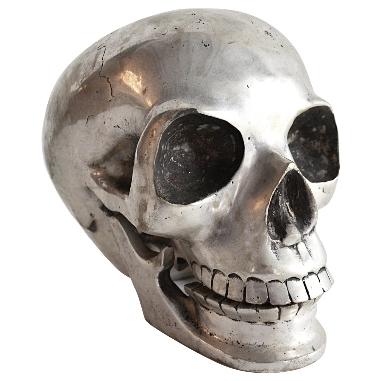 Nickel over Brass Skull Sculpture with Hinged Mandible For Sale