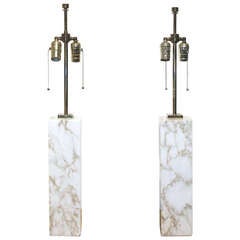 Pair Marble Column Table Lamps