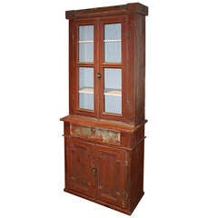 Antique Painted Step Back Glass Door Hutch