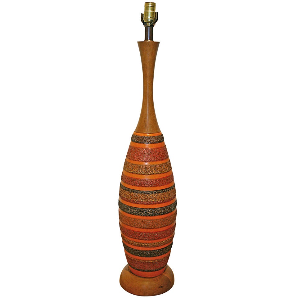 Tall Crater  Glaze Ceramic and Wood Table Lamp by Raymor For Sale