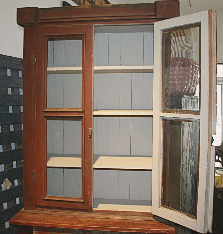 Painted Step Back Glass Door Hutch In Excellent Condition In Hudson, NY