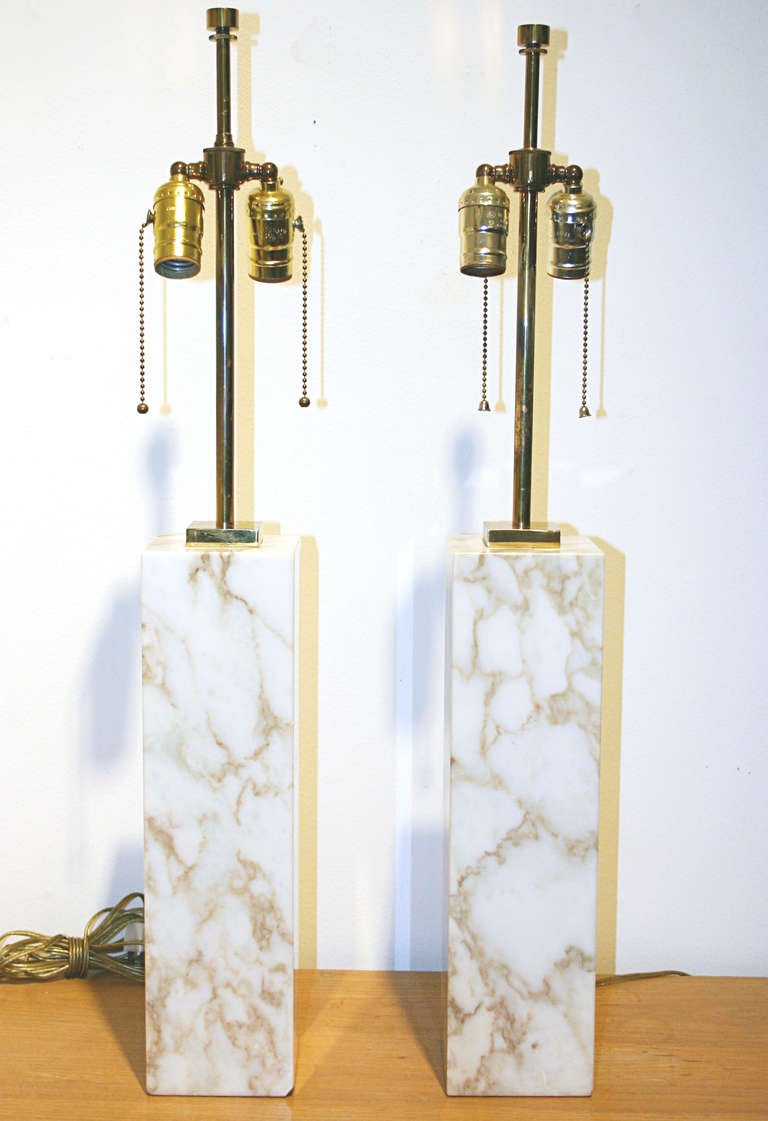 Pair Marble Column Table Lamps