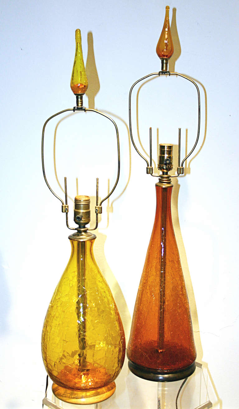 Two 1950's era Blenko table lamps in crackle glass. Taller in Amber 6.5