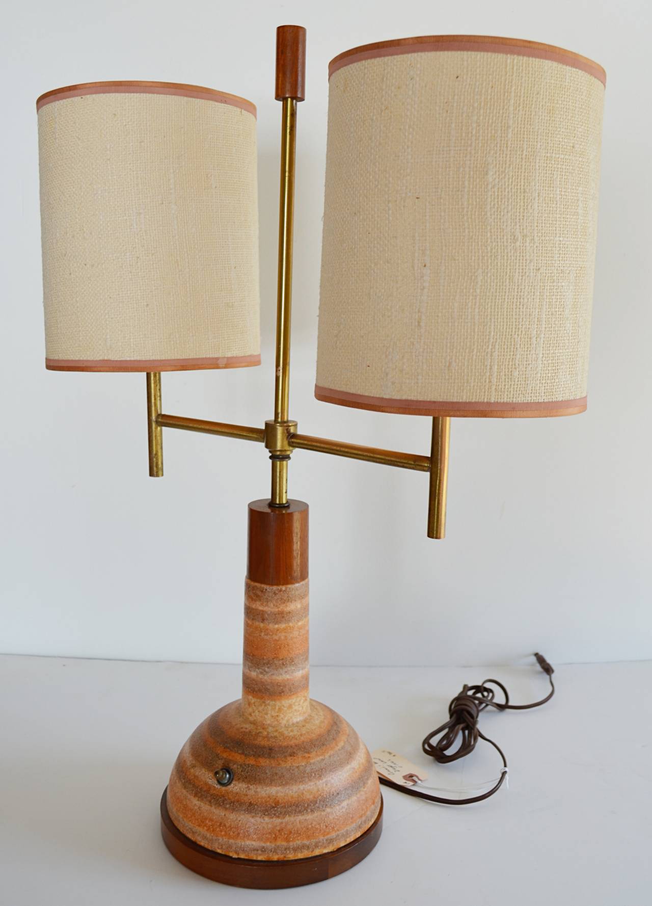 Mid-20th Century Ceramic and Walnut Two Light Table Lamp