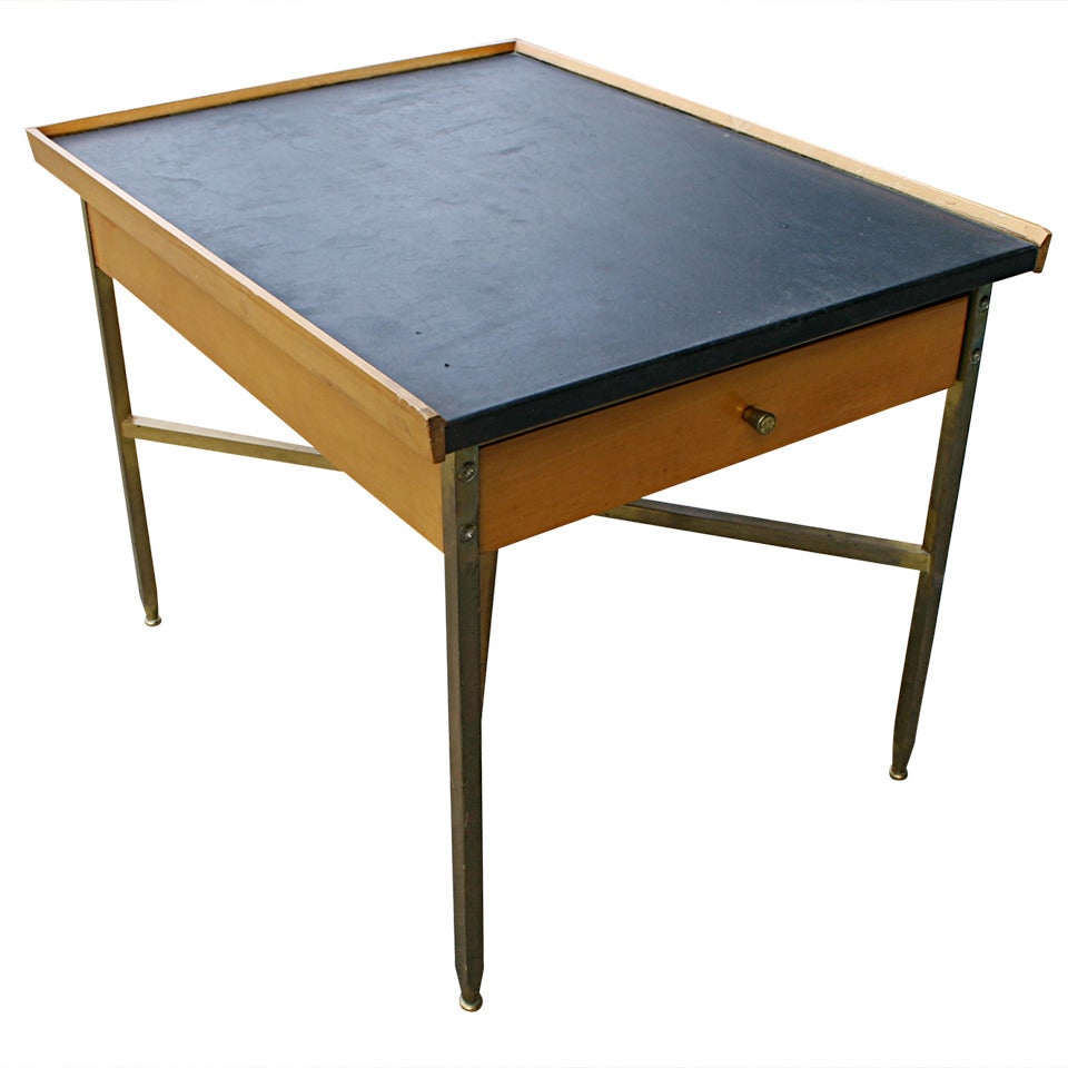 Leather Top Wood and Brass Occasional Table For Sale