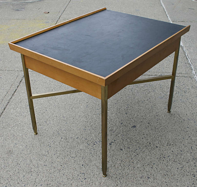 American Leather Top Wood and Brass Occasional Table For Sale
