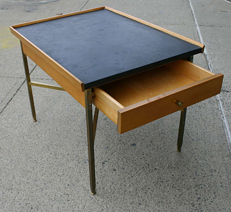 Mid-Century Modern Leather Top Wood and Brass Occasional Table For Sale