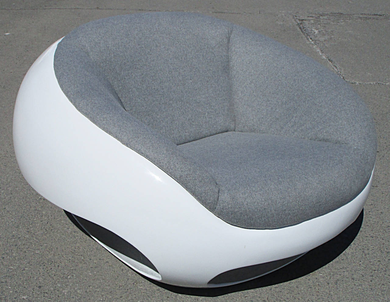 Fantastic pod chair by Mario Sabot. Fiberglass frame. Newly reupholstered in a heather gray wool flannel.