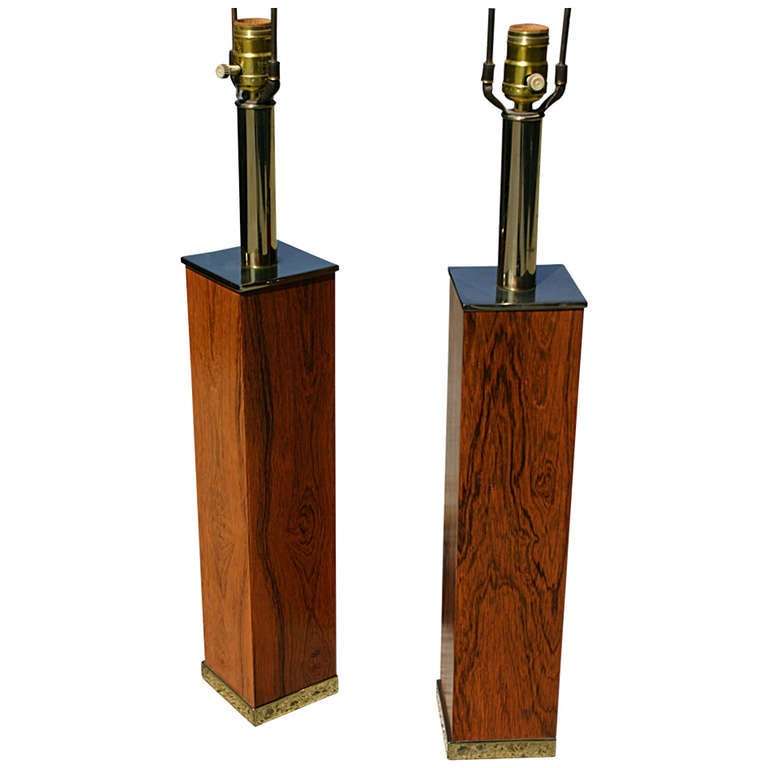 Pair of Rosewood and Brass Table Lamps For Sale